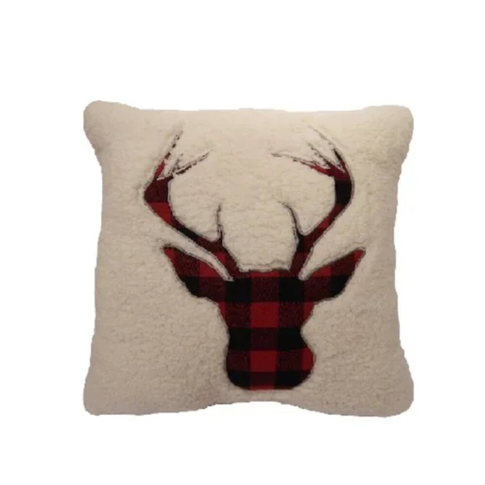 St. Nicholas Square Buffalo Red Black Plaid Deer Throw Pillow Ivory NEW $35.99